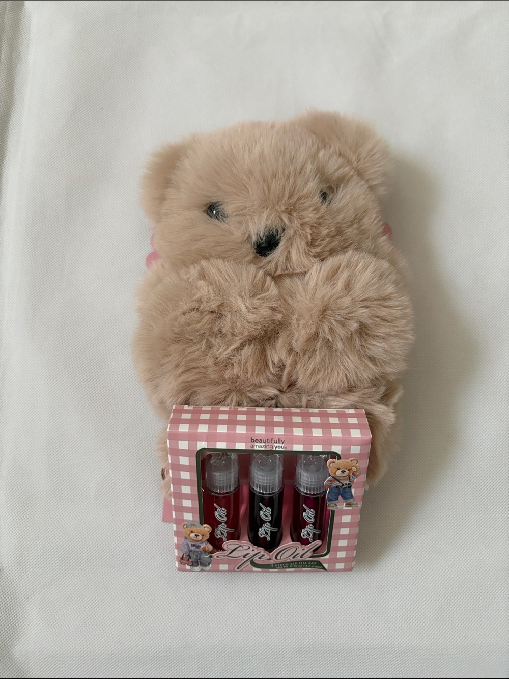 Plush Tan Small Pets Bear Bag with Pink-Checked Lip Oil Gift Set